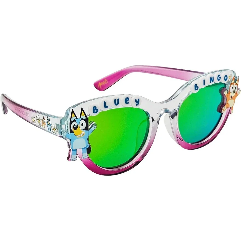 Bluey Bingo Girls Clear Pink Round Sunglasses Mirrored Green Lenses Kids